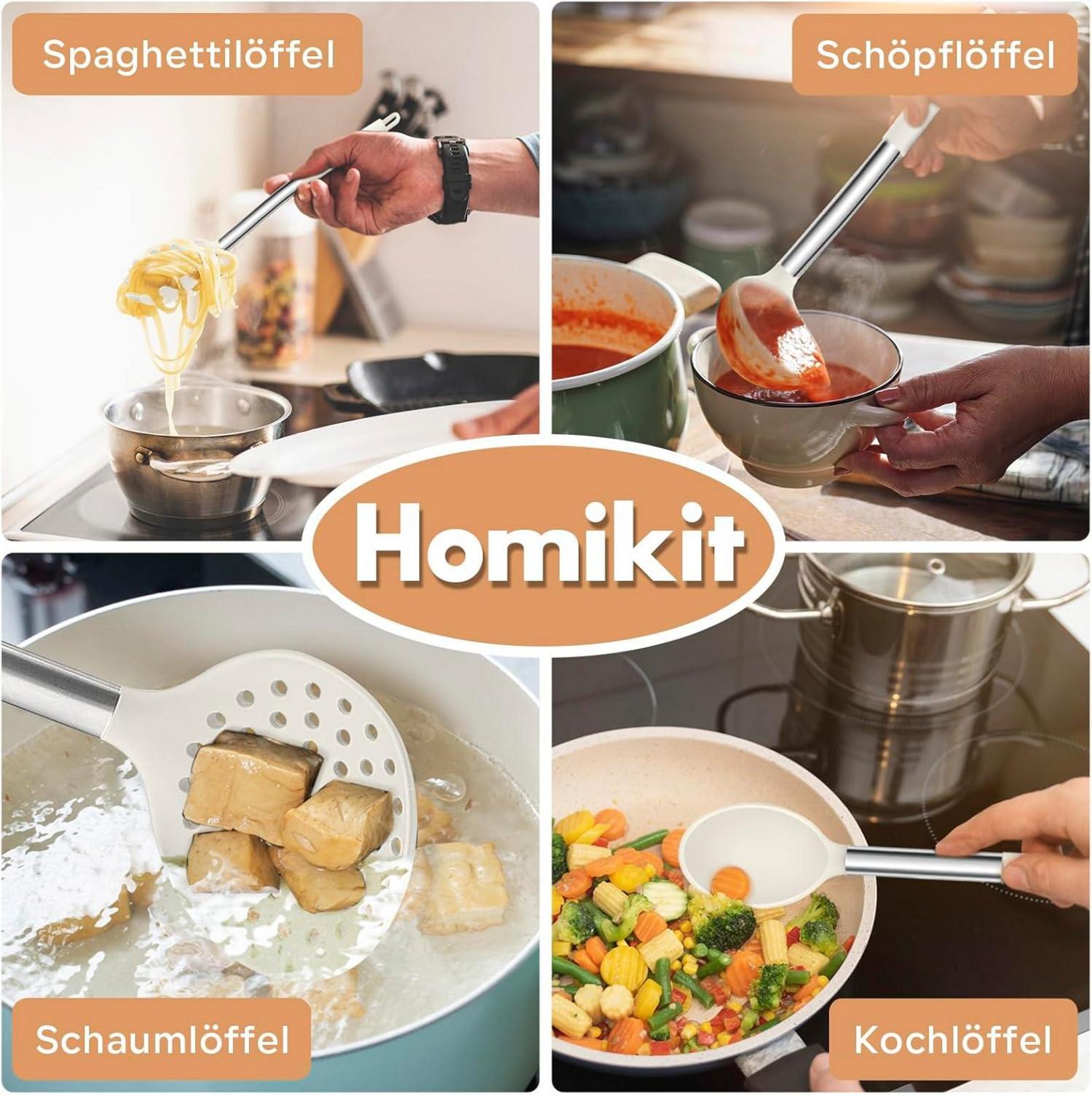 Homikit Silikon Küchenhelfer Set mit Edelstahlgriff und Utensilienhalter - 10-teilig