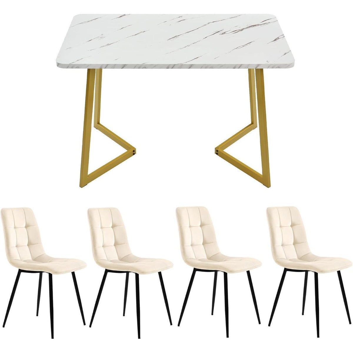 Moderner Esstisch Set mit 4 Samtstühlen Weiß & Gold 68x117cm