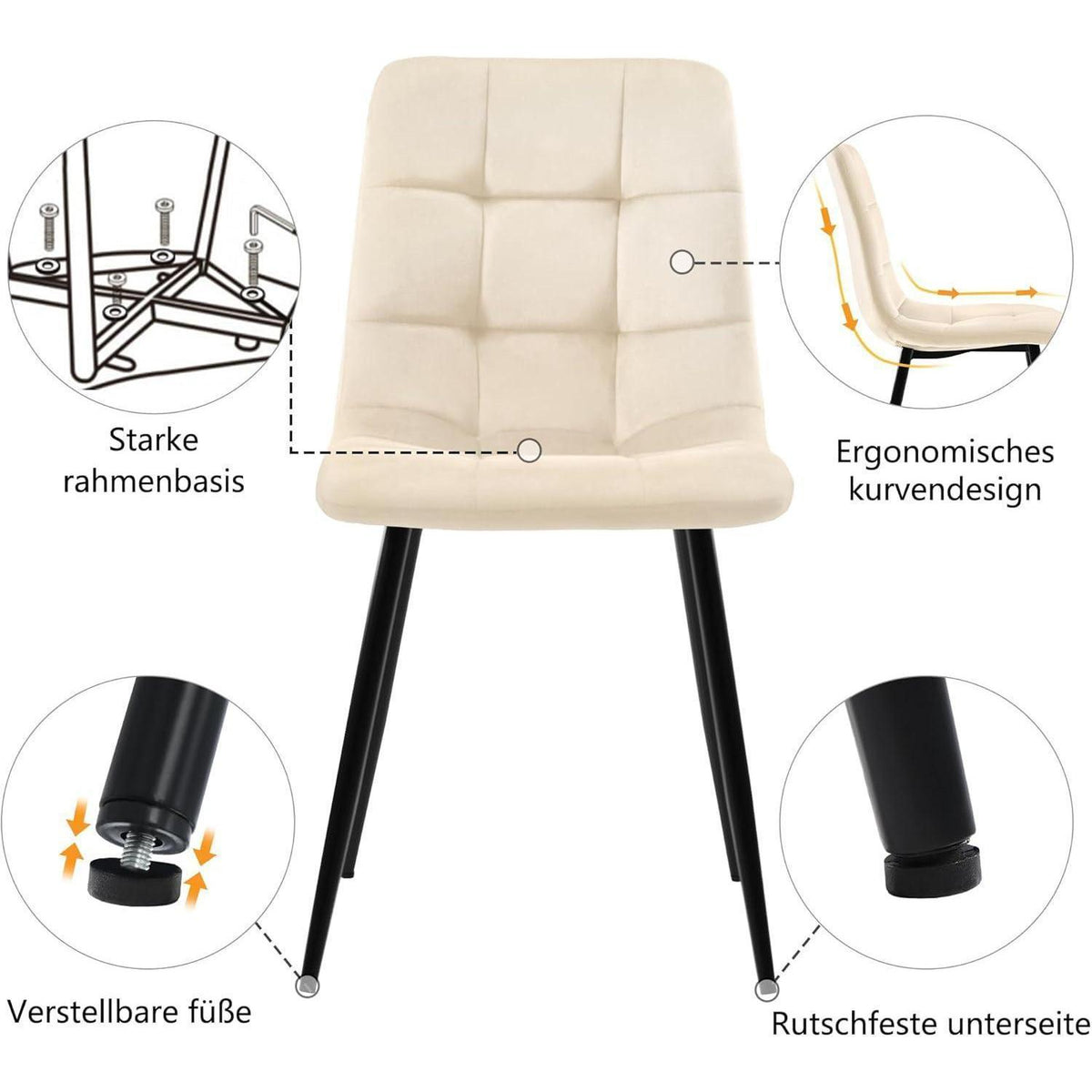Moderner Esstisch Set mit 4 Samtstühlen Weiß & Gold 68x117cm