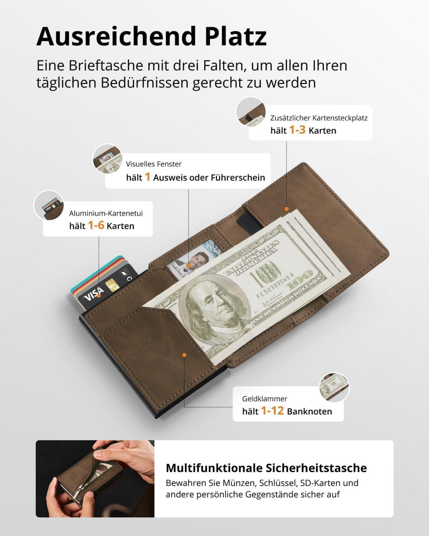 Herren Portmonee Geldbörse RFID Kartenetui mit Münzfach Airtag Braun