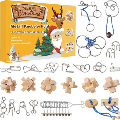 Adventskalender Knobelspiele Weihnachten Metall Holz 3D Puzzle