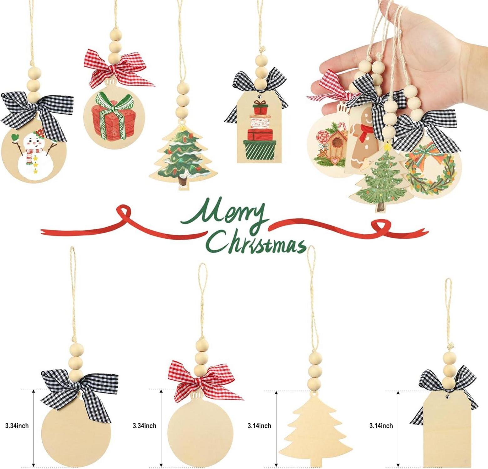 24er Set Holz-Weihnachtsanhänger mit Hanfseil, Bastelbausatz