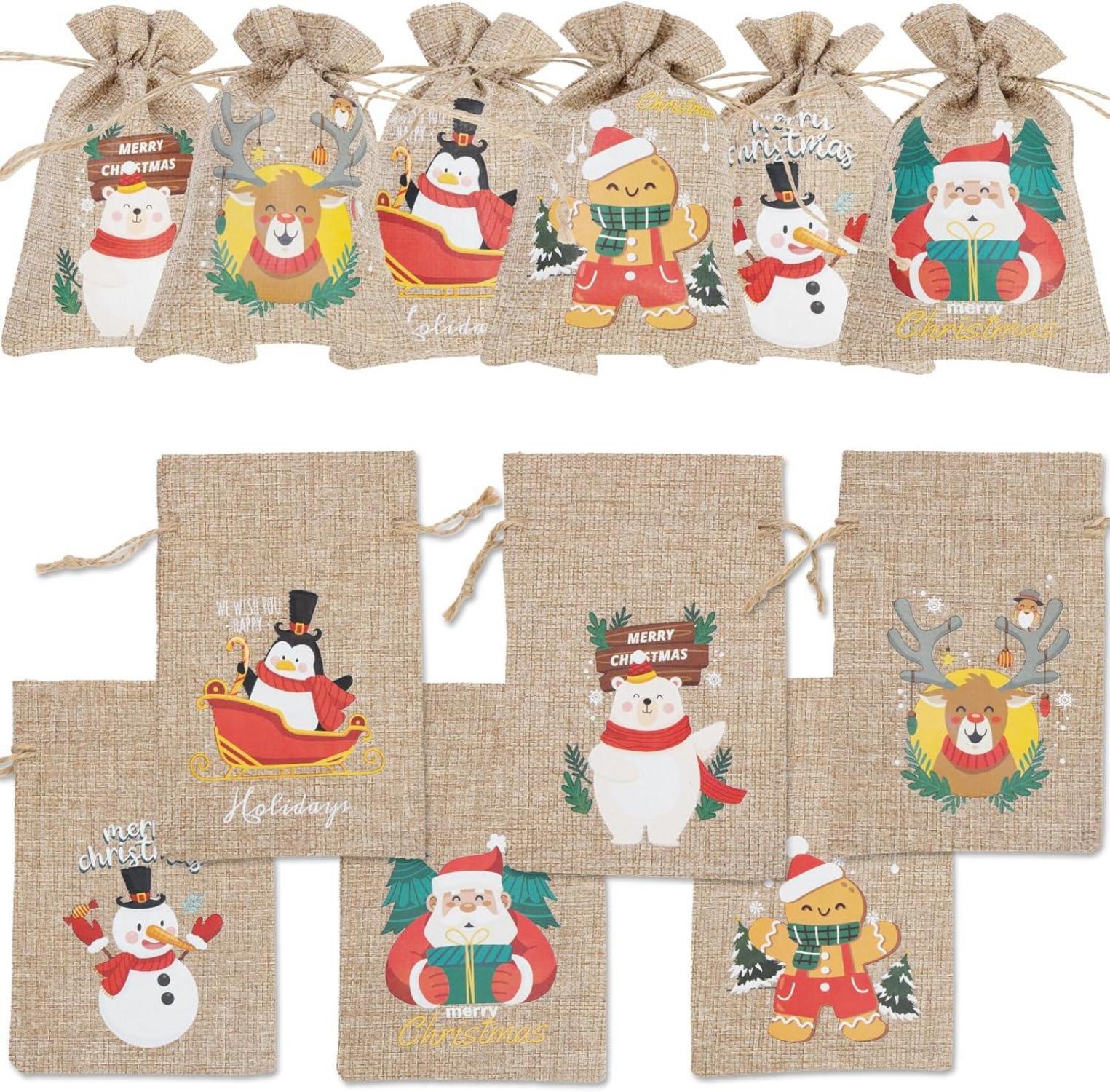 24Stück Weihnachts-Burlap-Jute-Geschenktüten mit Zugbändern