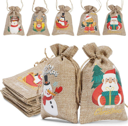 24 Stück Weihnachts-Jute-Geschenktüten mit Zugbändern für