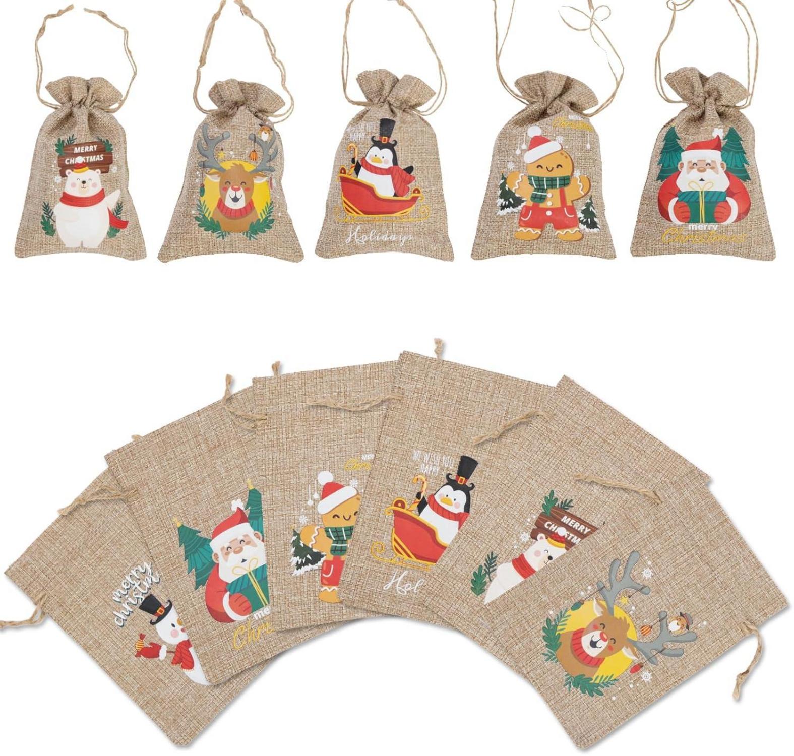 24Stück Weihnachts-Burlap-Jute-Geschenktüten mit Zugbändern