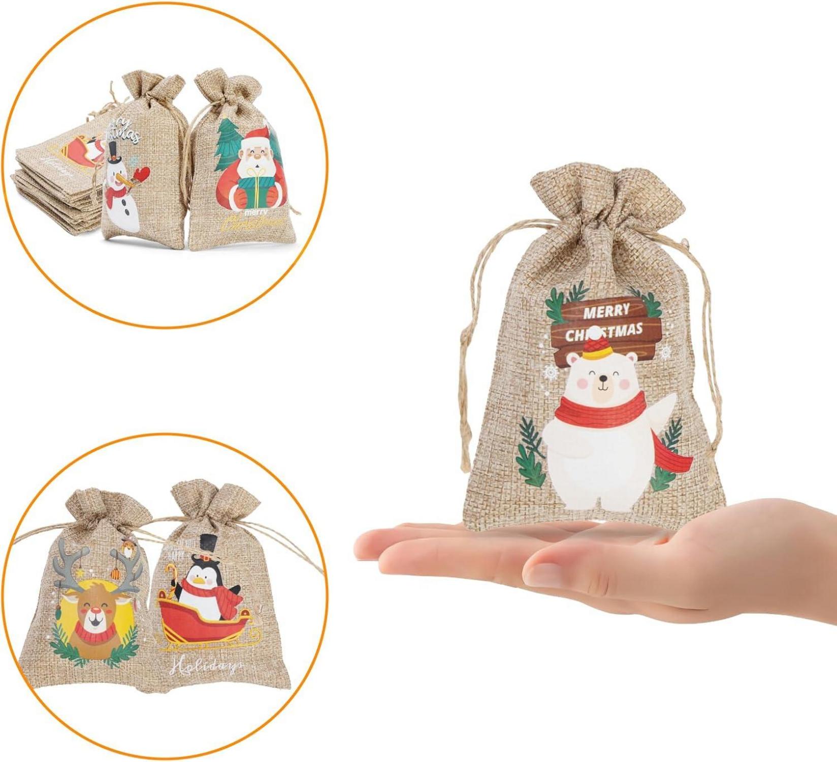 24Stück Weihnachts-Jute-Geschenktüten Zugbänder 6 Designs