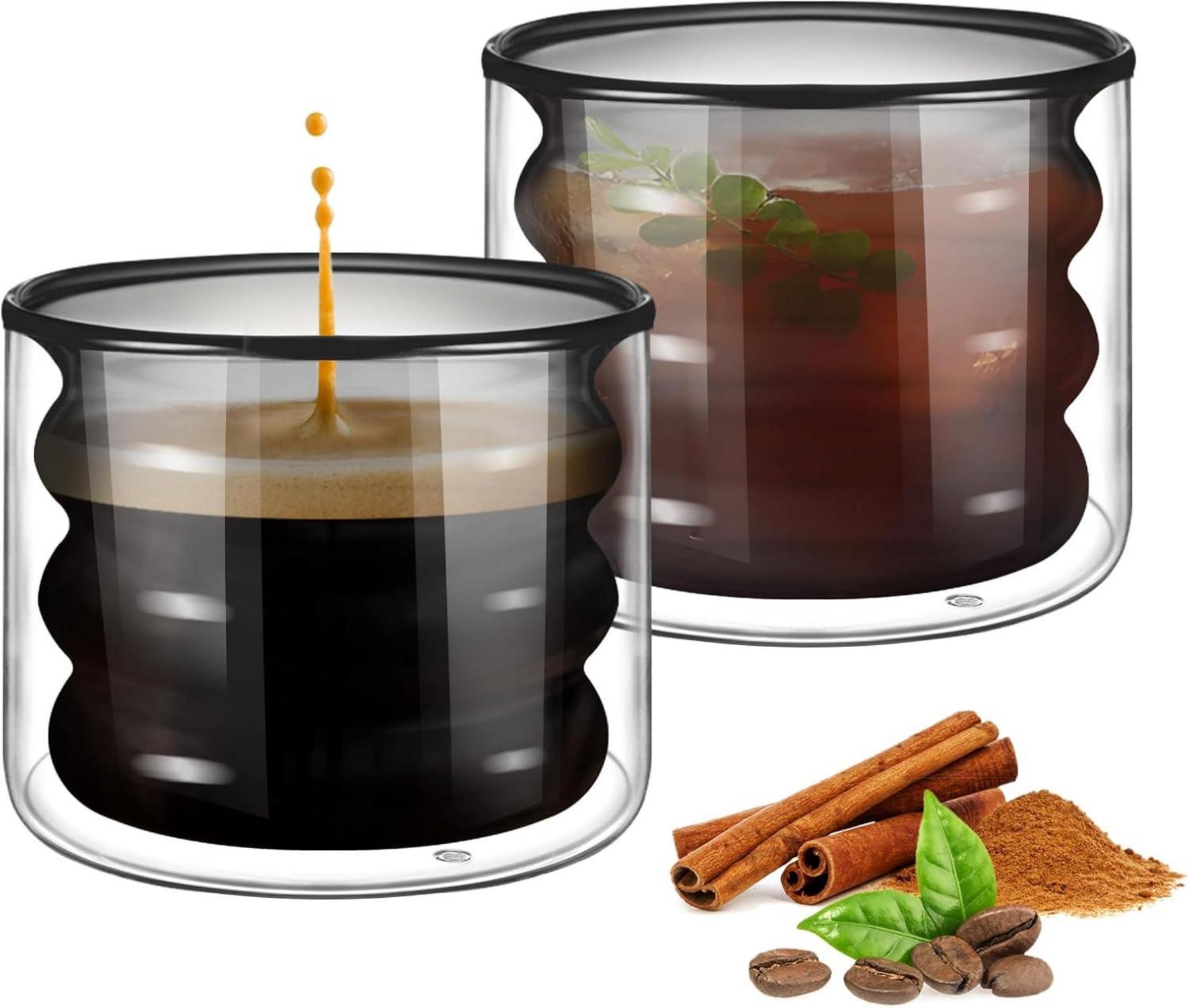 Doppelwandige Espressotassen Set Wellenförmige Gläser 120ml Schwarz