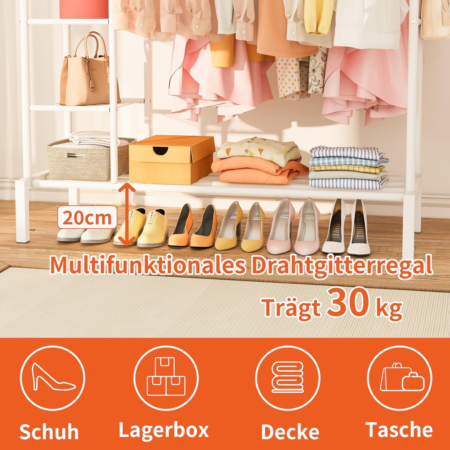 JOISCOPE Breiter Kleiderständer Metall 165x120cm Weiß mit 2 Stangen 4 Haken 3 Regalen & Schuhregal