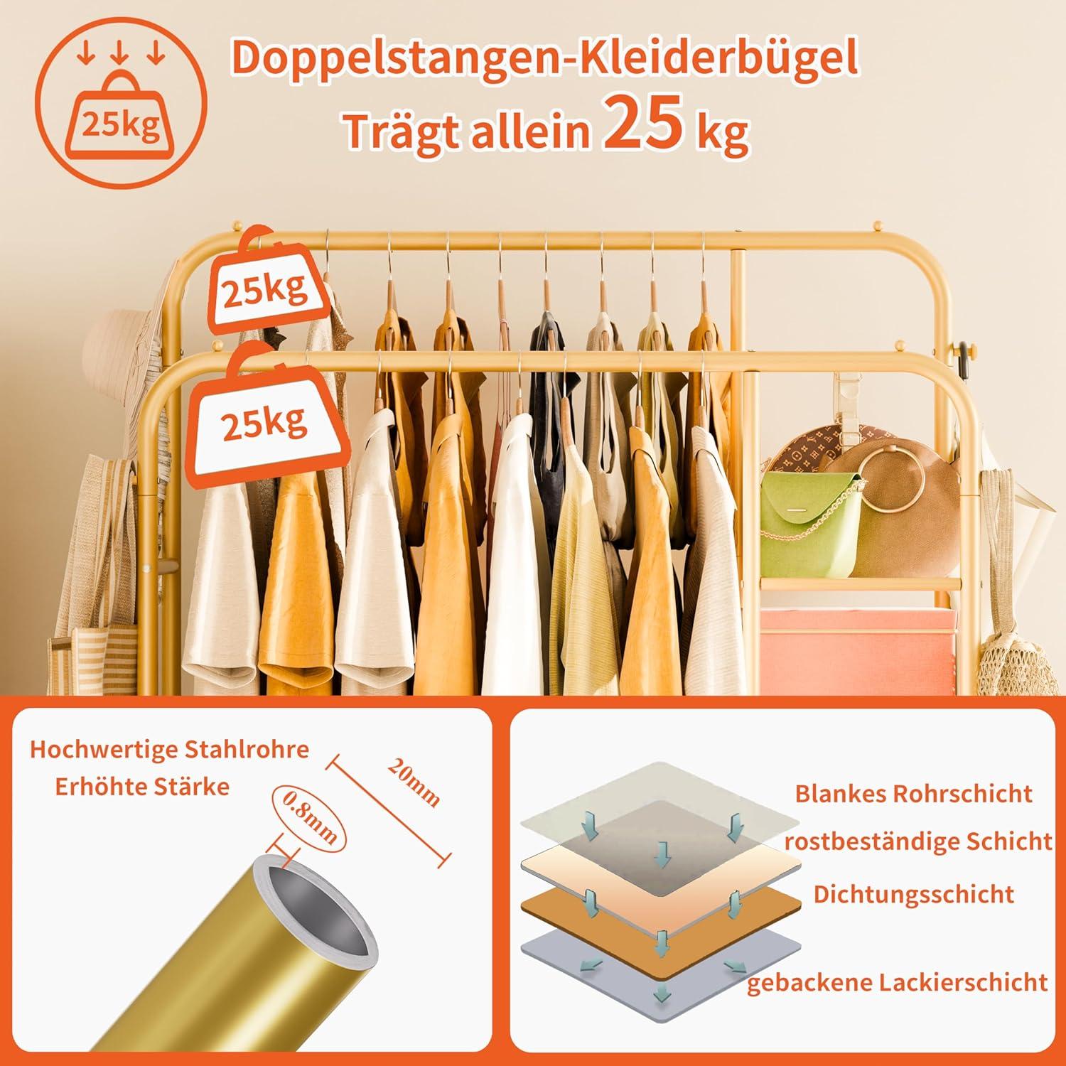 Kleiderständer Metall Gold 165x120cm 2 Kleiderstange 4 Haken 3 Ablage