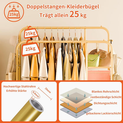 Kleiderständer Metall Gold 165x120cm 2 Kleiderstange 4 Haken 3 Ablage