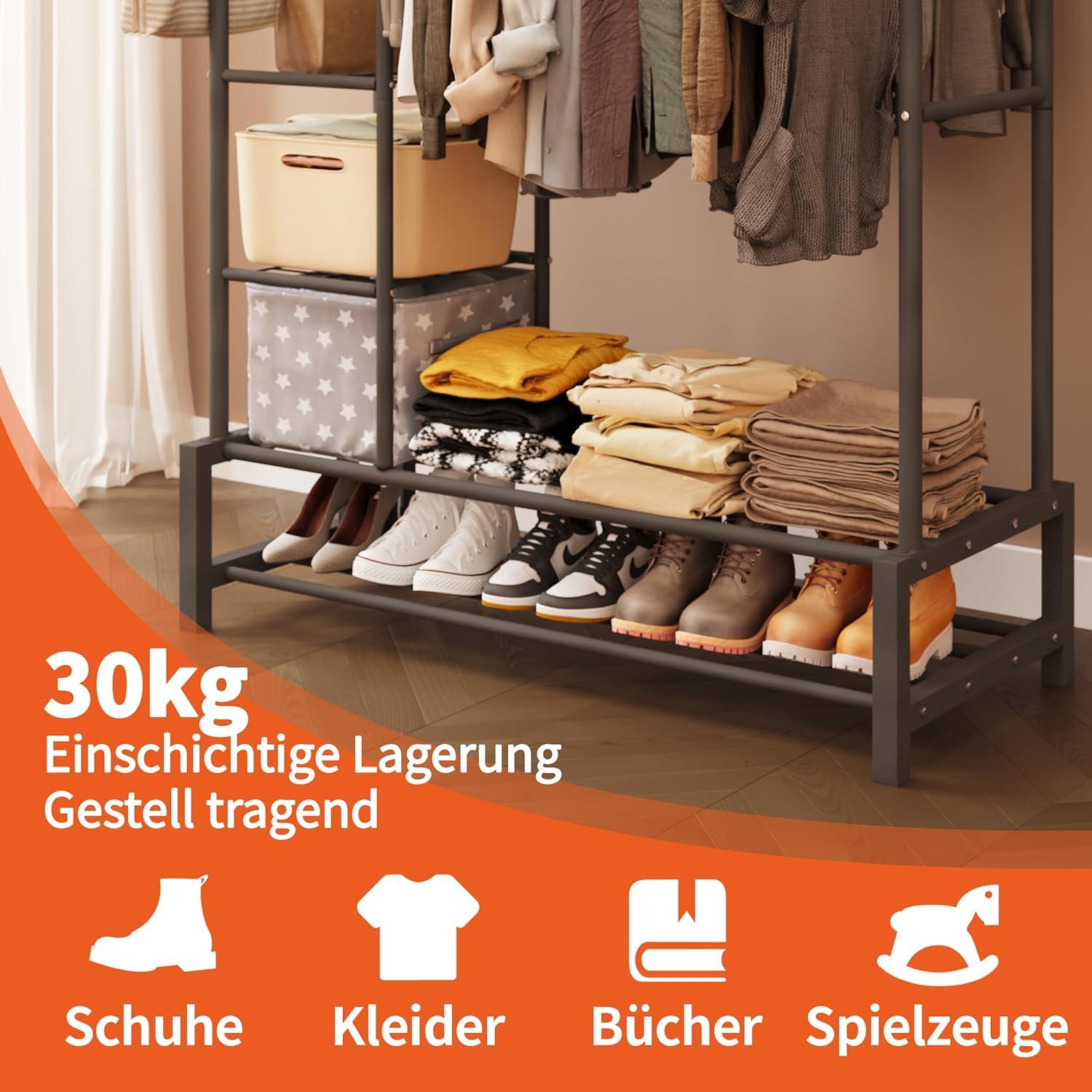 Großer Kleiderständer 170x120cm Metall Schwarz 2 Stangen 4 Haken 3 Regale Ablage