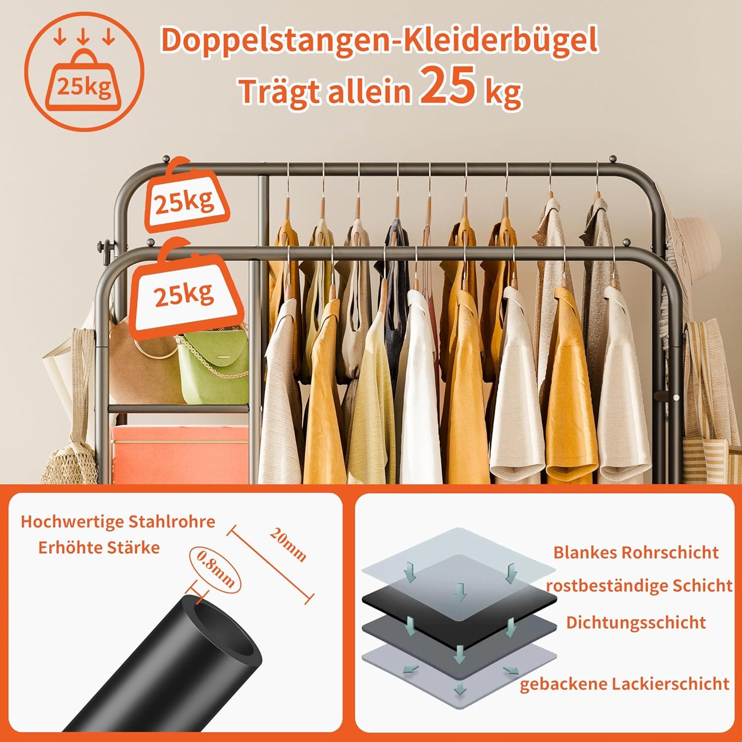 Kleiderständer Metall Schwarz 165x120cm 2 Kleiderstange 4 Haken 3