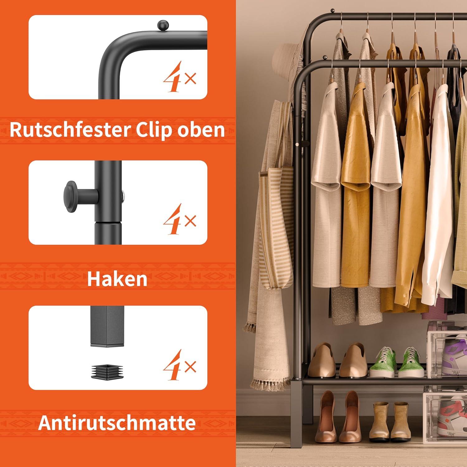 Breiter Kleiderständer aus Metall mit 2 Stangen, 4 Haken, 3