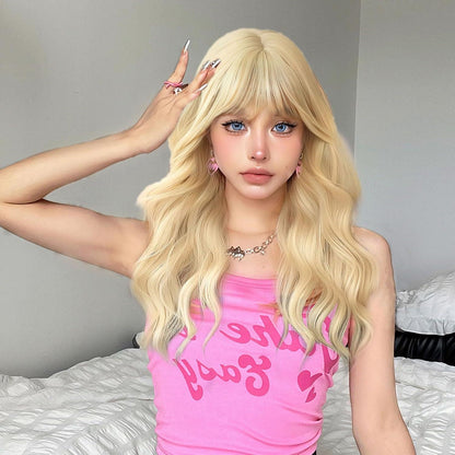 EUPSIIU Lange Blonde Lockige Perücke mit Pony für Frauen 27'' Cosplay Karneval Fasching
