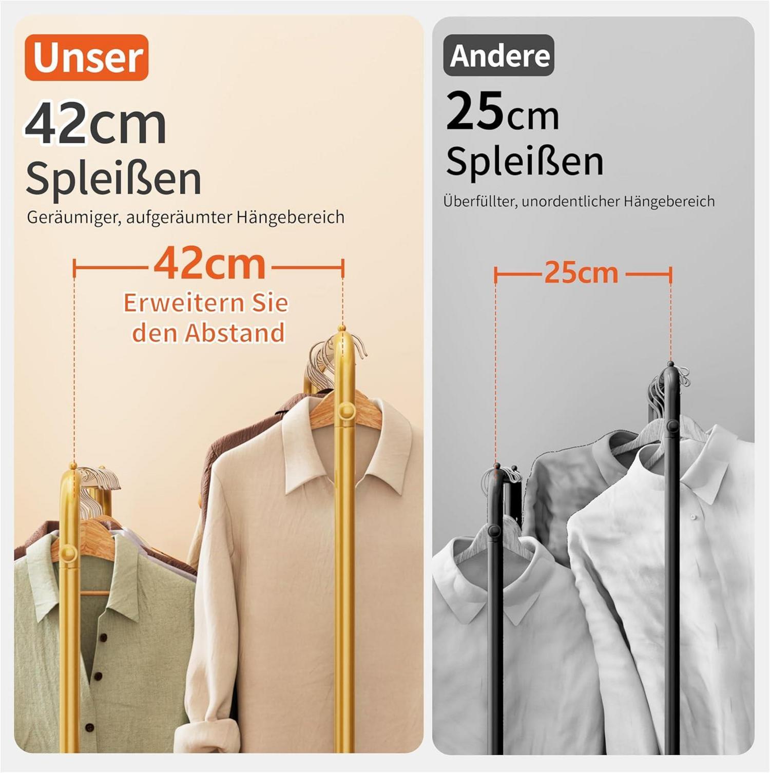Breiter Metall Kleiderständer mit 2 Kleiderstangen und Ablagen, Gold
