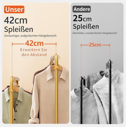 Breiter Metall Kleiderständer mit 2 Kleiderstangen und Ablagen, Gold