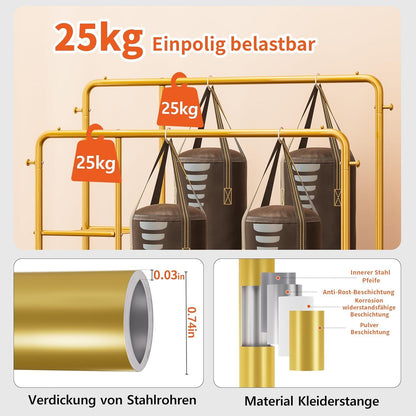 JOISCOPE Breiter Metall Kleiderständer mit 2 Kleiderstangen und 4 Haken|Gold