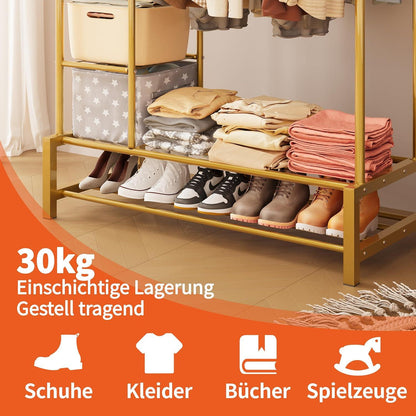 Kleiderständer Metall Gold 170x120cm 2 Kleiderstange 4 Haken 3 Regal 2