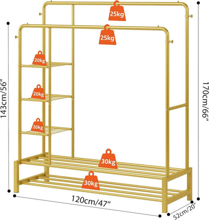 Kleiderständer Metall Gold 170x120cm 2 Kleiderstange 4 Haken 3 Regal 2
