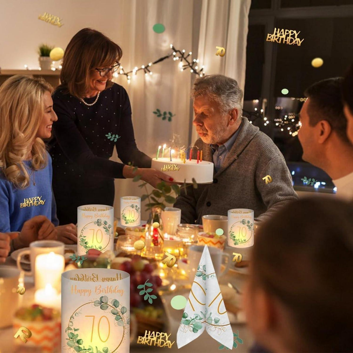 70. Geburtstag Deko Set Grün Eukalyptus Servietten Windlichter Konfetti