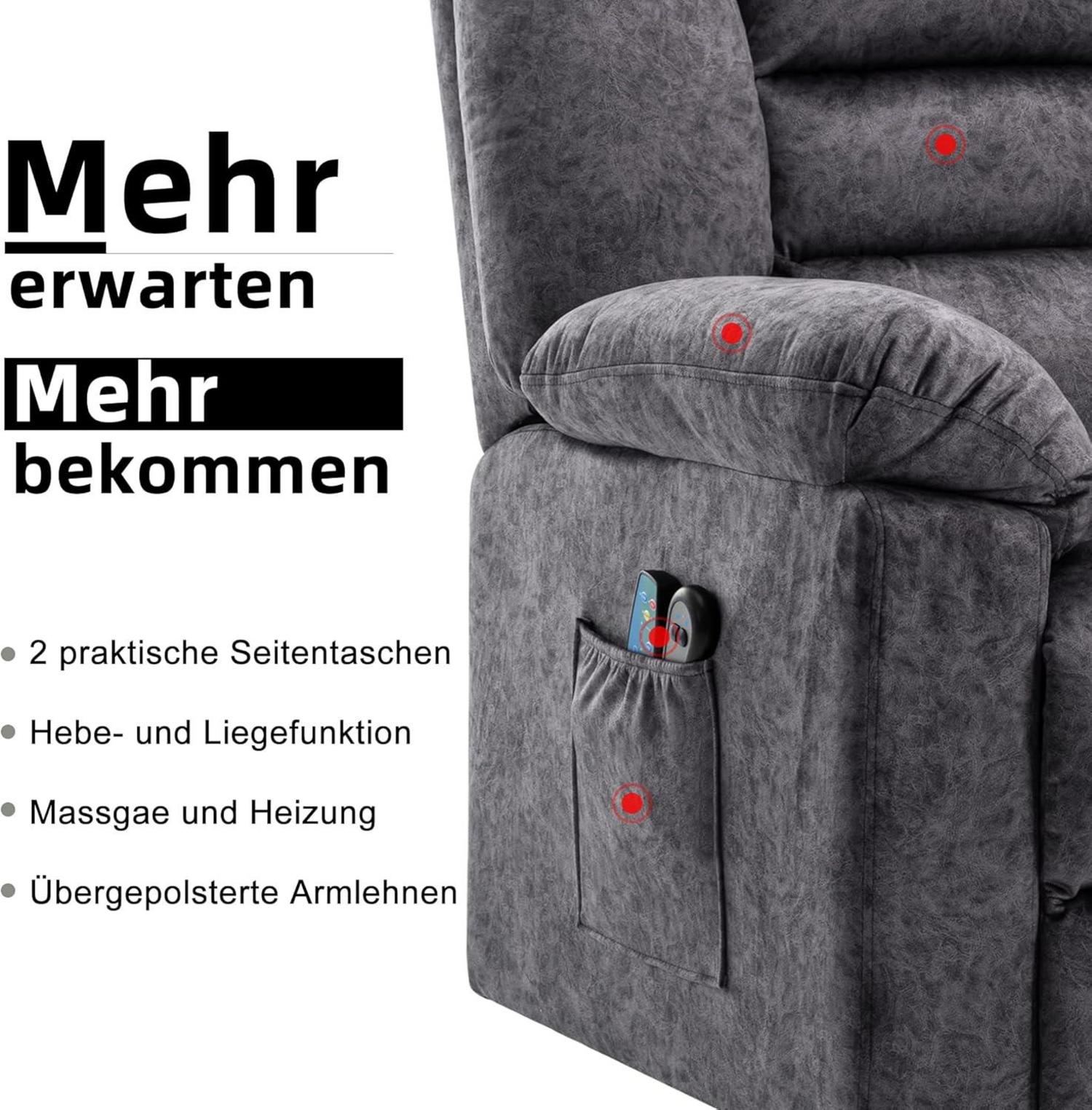 Elektrischer Massagesessel mit Aufstehhilfe, Wärmefunktion, Liegefunktion - Grau