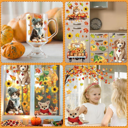 Herbst Deko 9PCS Fensterbilder Kätzchen Welpe Ahorn Thanksgiving