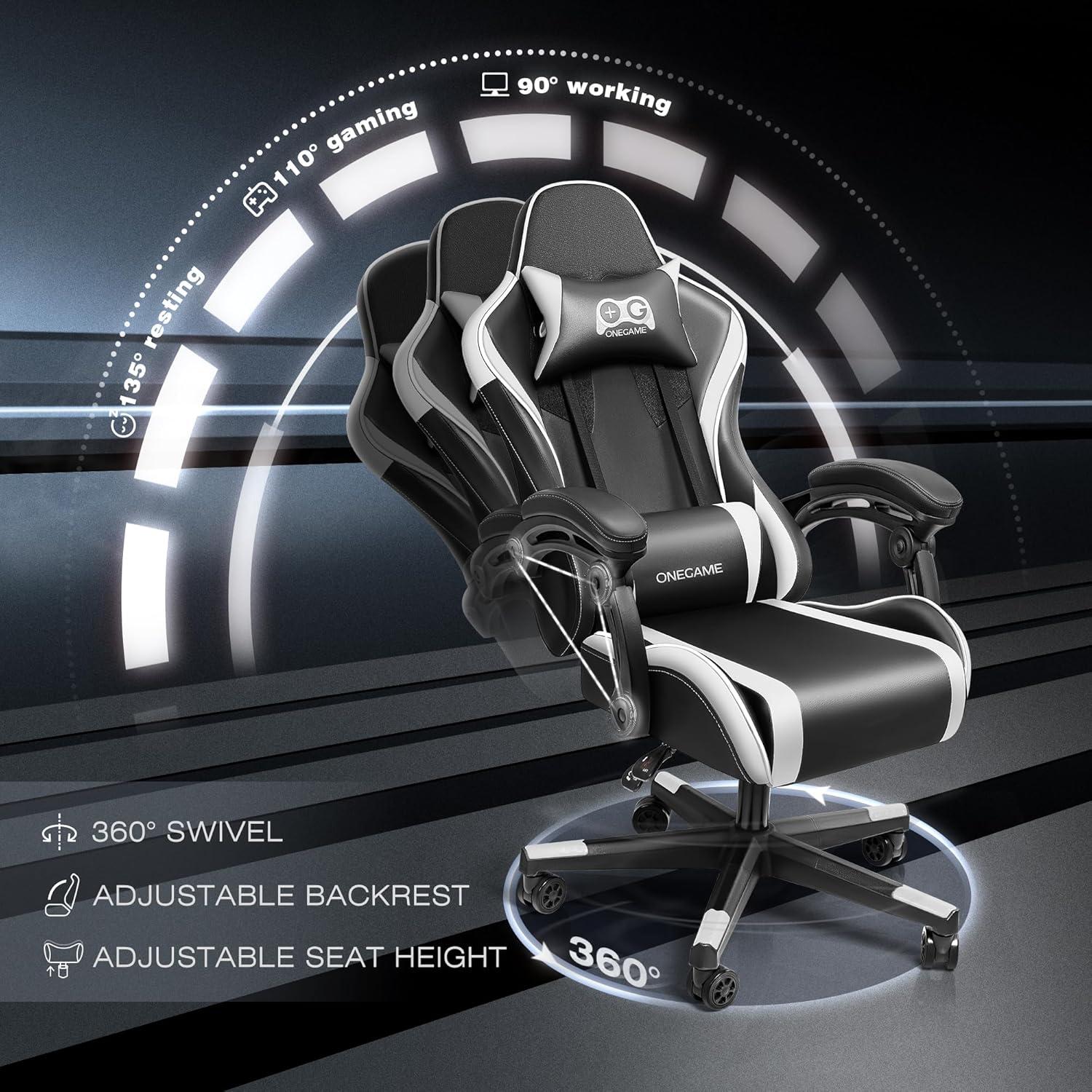 Ergonomischer Gaming Stuhl weiß höhenverstellbar Lendenkissen Rückenlehne 150KG