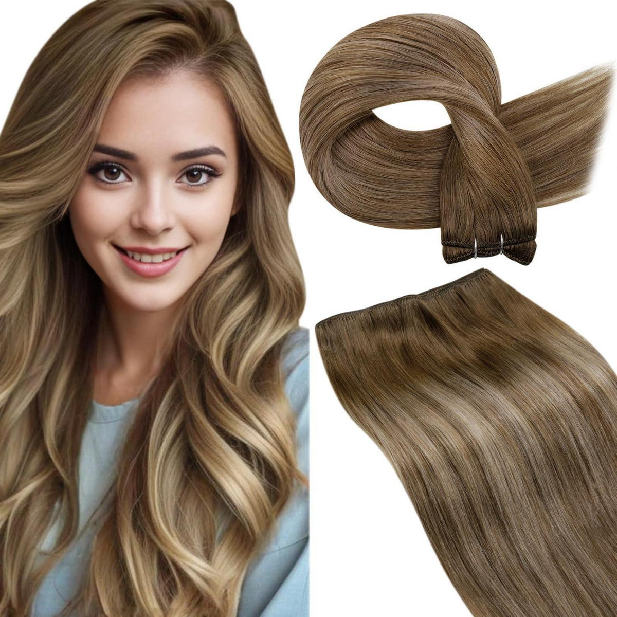 Echthaar Tressen zum Einnähen Balayage Braun Ombre Gold