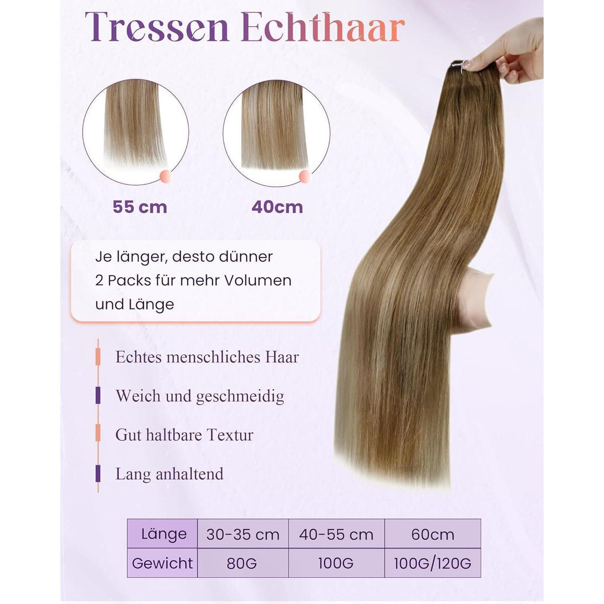 Echthaar Tressen zum Einnähen Balayage Braun Ombre Gold