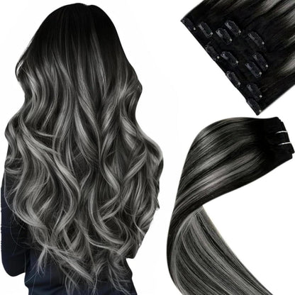 Clip-in Haarverlängerung Echthaar Schwarz Ombre Silber