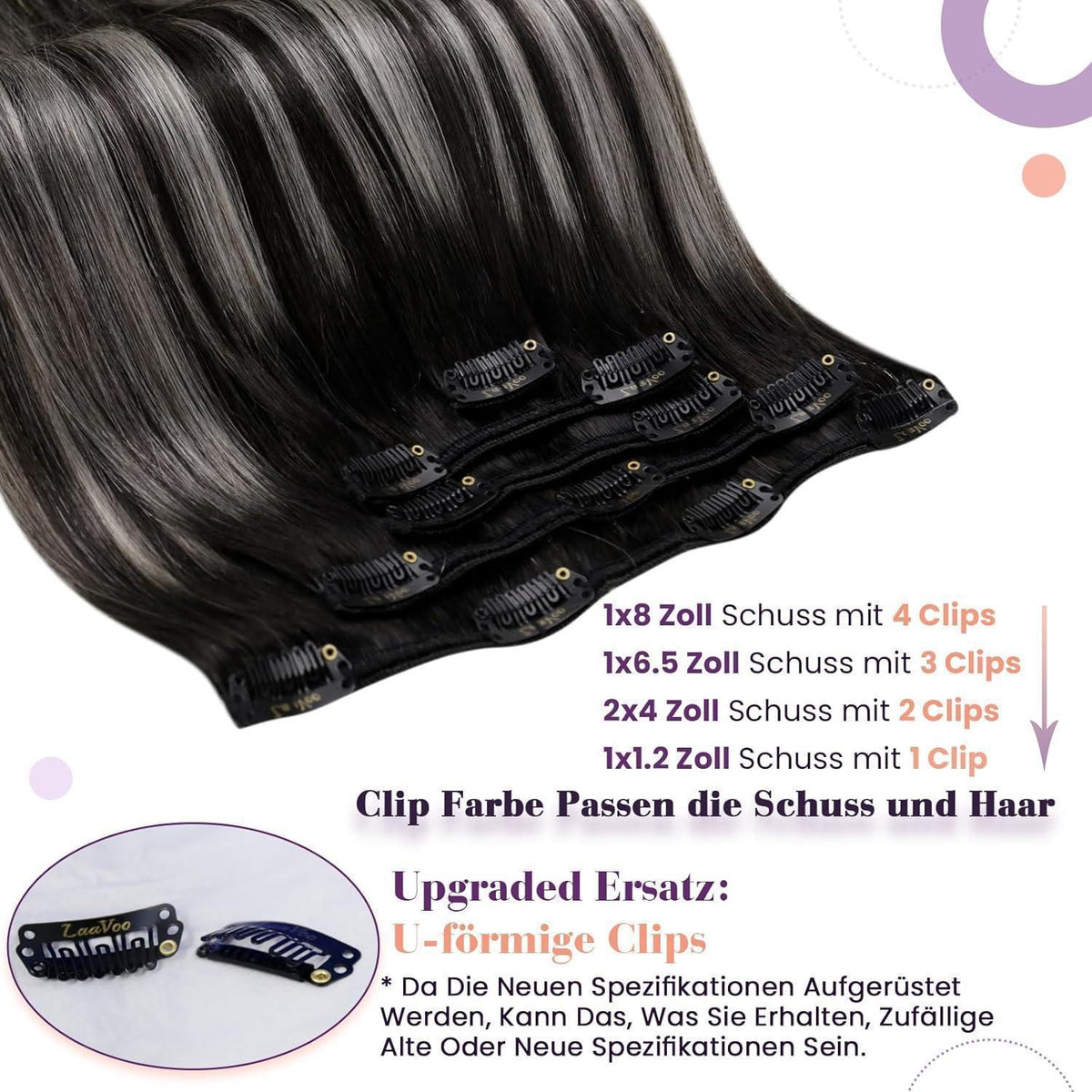 Clip-in Haarverlängerung Echthaar Schwarz Ombre Silber