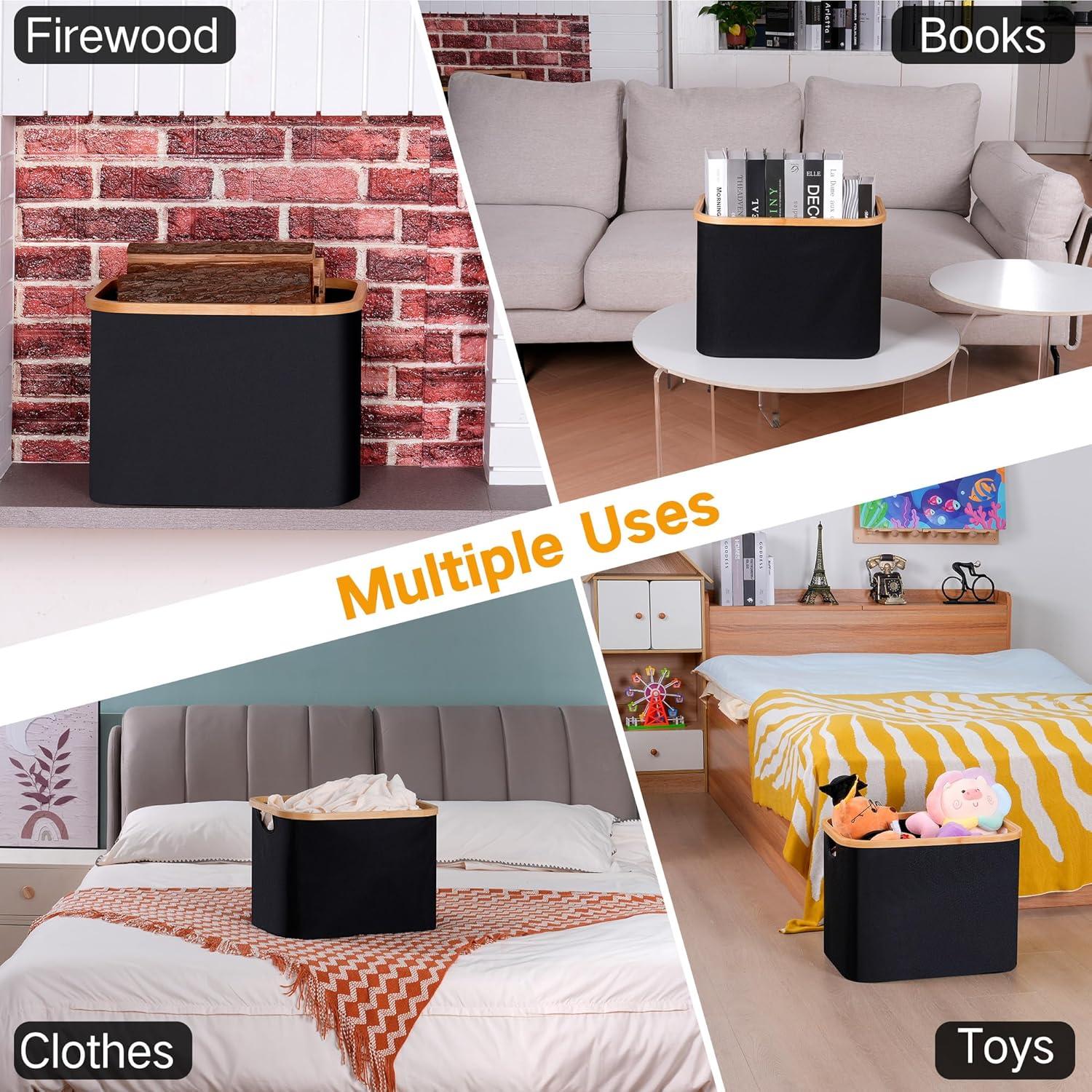 Faltbarer Wäschekorb 50L Bambus Stoff Storage Basket Schwarz