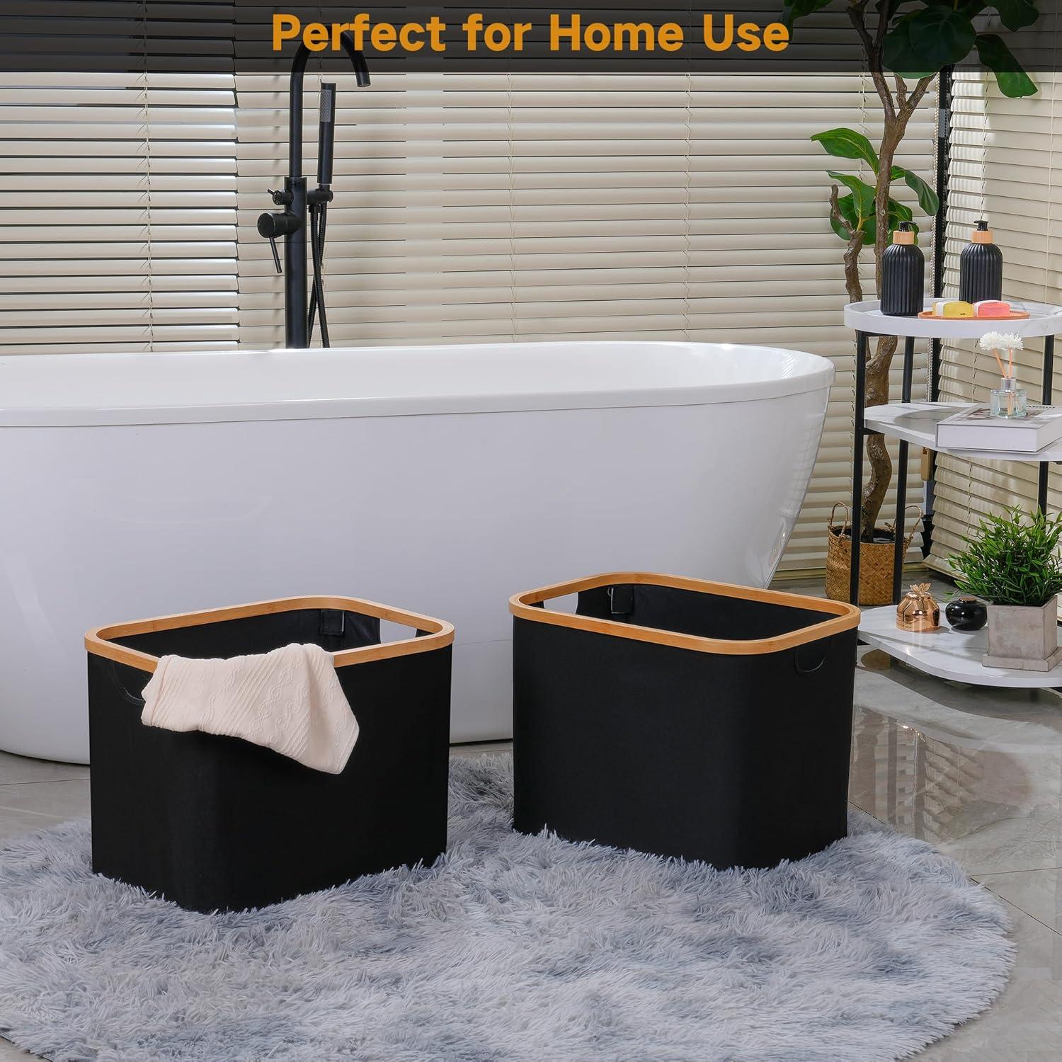 Faltbarer Wäschekorb 50L Bambus Stoff Aufbewahrung Klappbar Schwarz