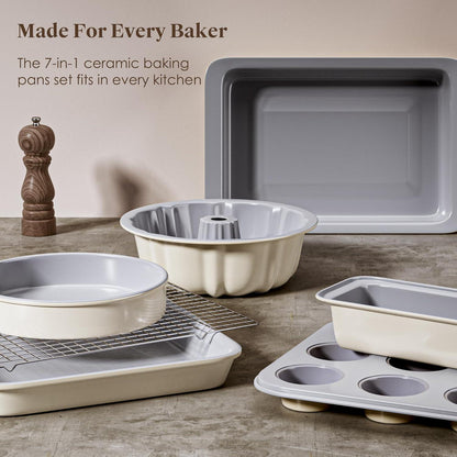 7-teiliges Keramik Antihaft Backformen Set für Backofen Backen - Backbleche, Kuchenform, Laib Pfanne, Muffinform, Cupcake-Blech
