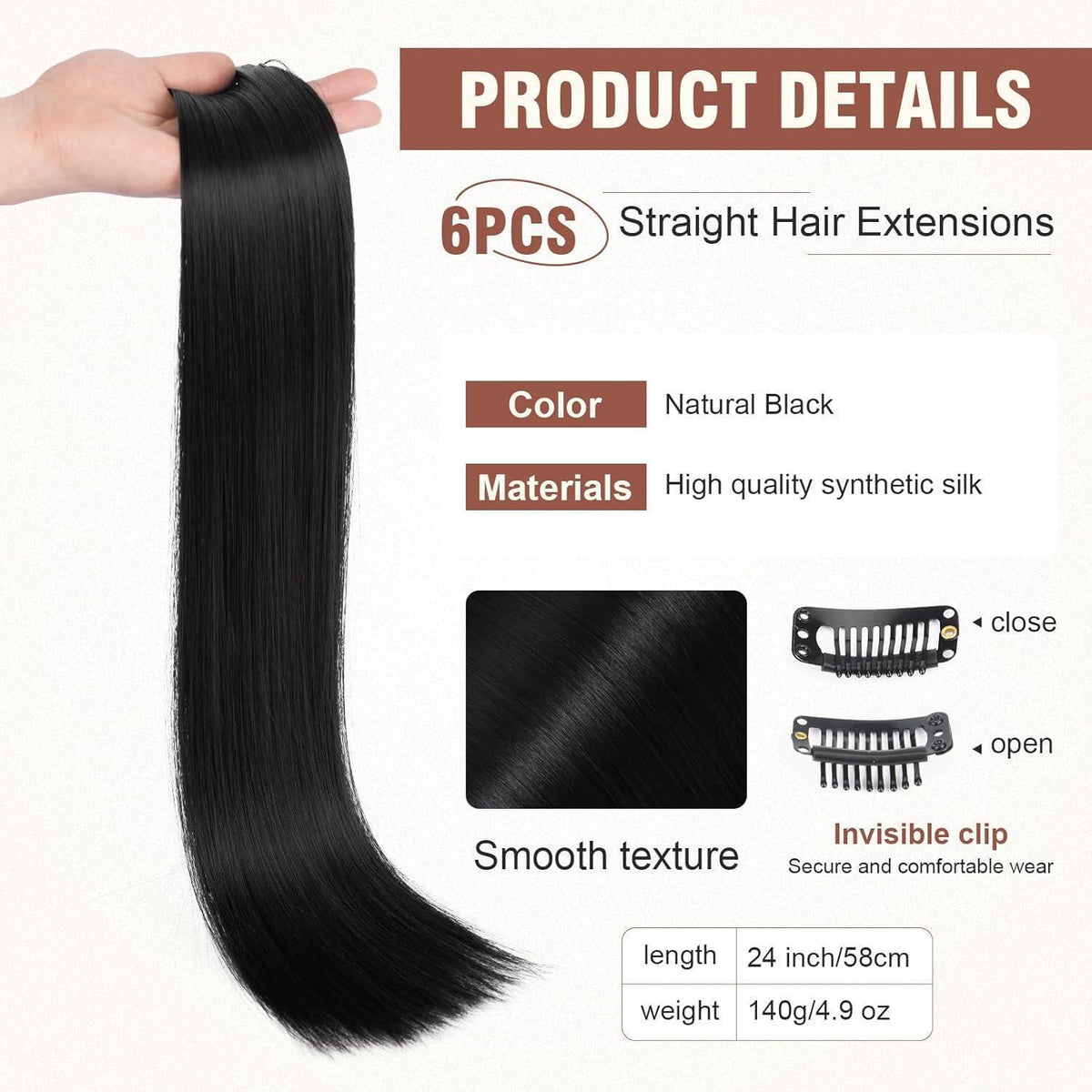Clip-in Haarverlängerung glatt, 61 cm, Schwarz