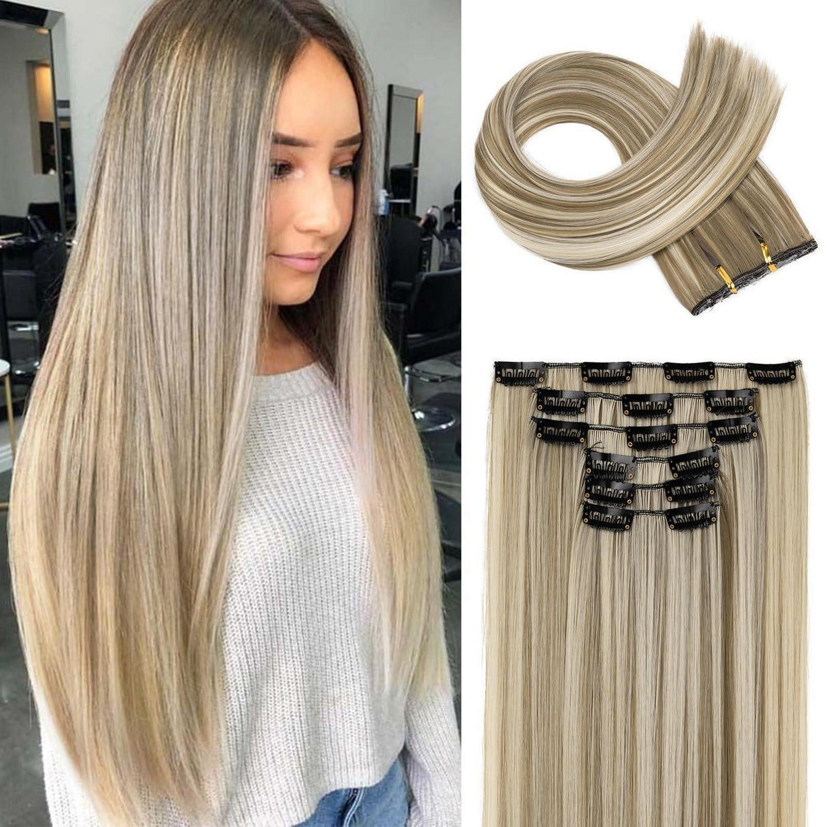 Clip-in Haarverlängerung Aschbraun mit Highlights, 61 cm