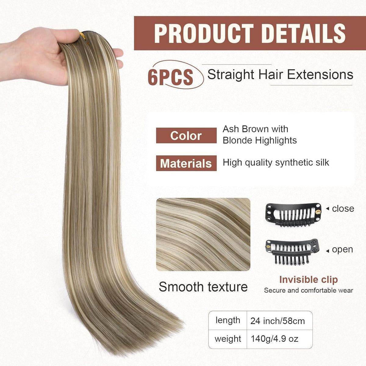 Clip-in Haarverlängerung Aschbraun mit Highlights, 61 cm