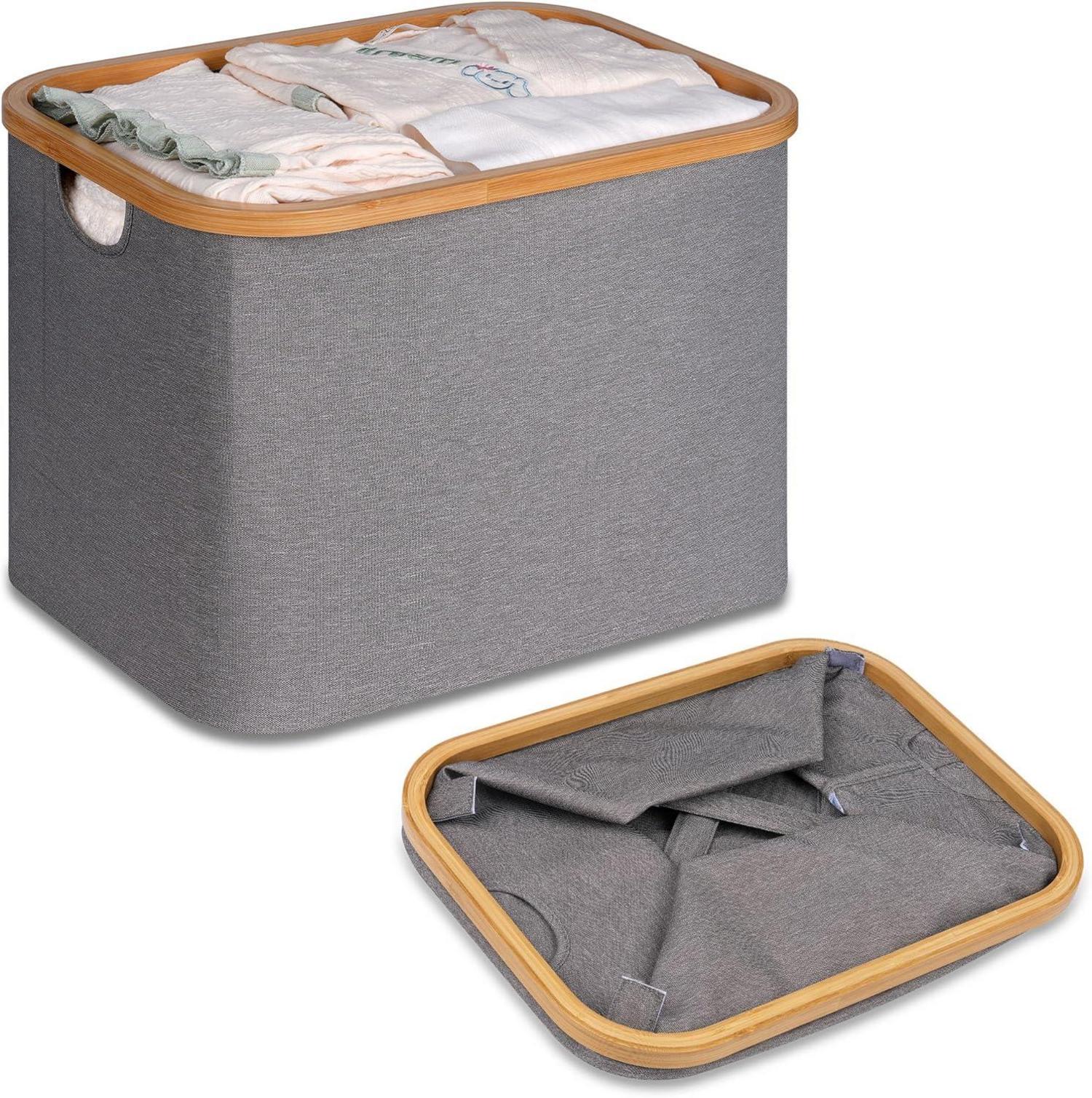Faltbarer Wäschekorb 50L Bambus Stoff Storage Basket Grau