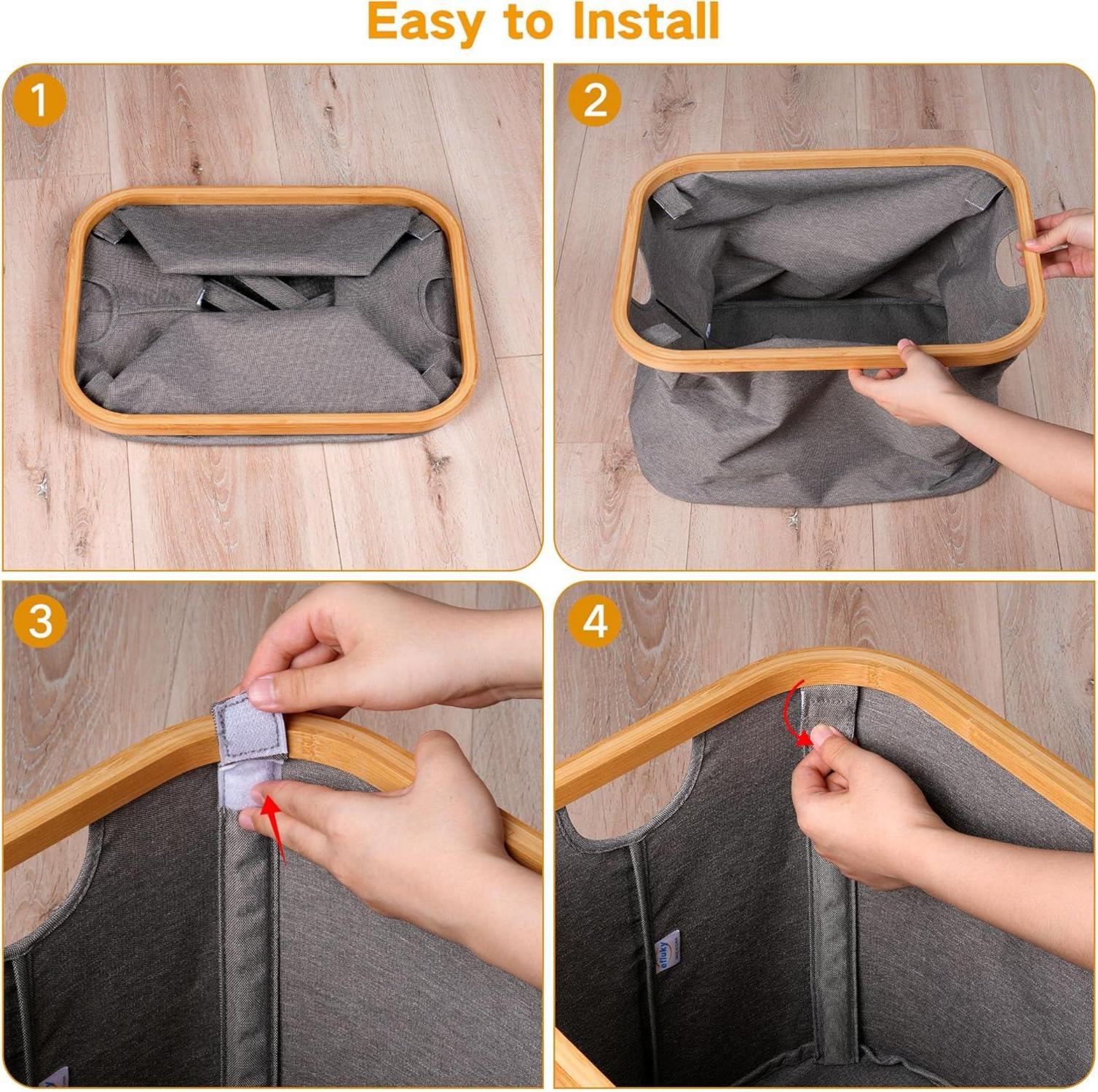 Faltbarer Wäschekorb 50L Bambus Stoff Aufbewahrung Klappbar Laundry Basket Grau