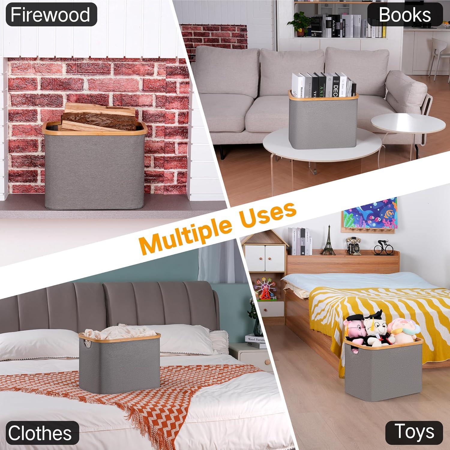 Faltbarer Wäschekorb 50L Bambus Stoff Storage Basket Grau