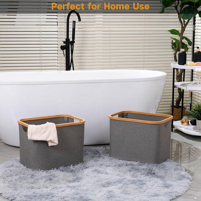 Faltbarer Wäschekorb 50L Bambus Stoff Grau Aufbewahrung Basket