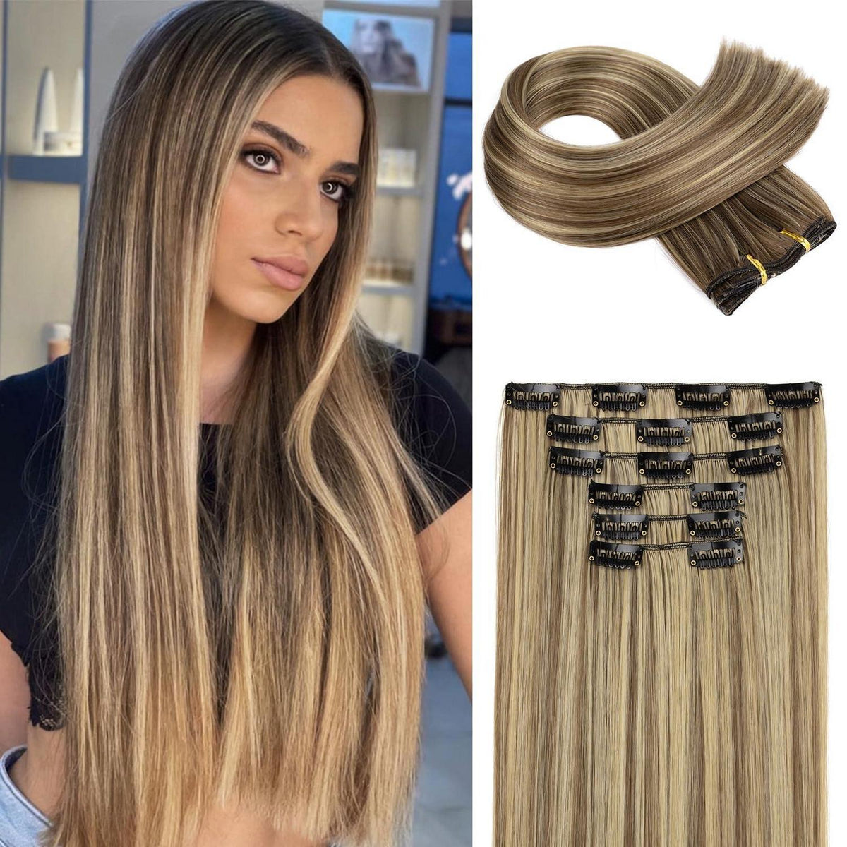 Clip-in Haarverlängerung braun mit blonden Highlights, 61 cm