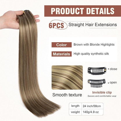Clip-in Haarverlängerung braun mit blonden Highlights, 61 cm