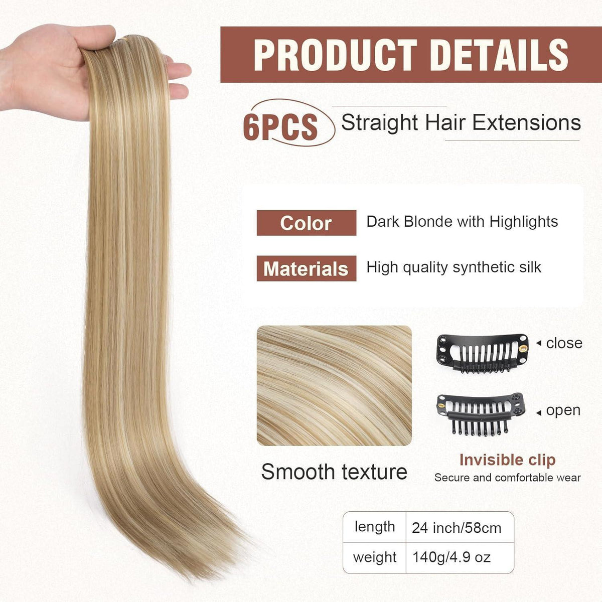 Clip-in Haarverlängerung Dunkelblond mit Highlights, 61 cm