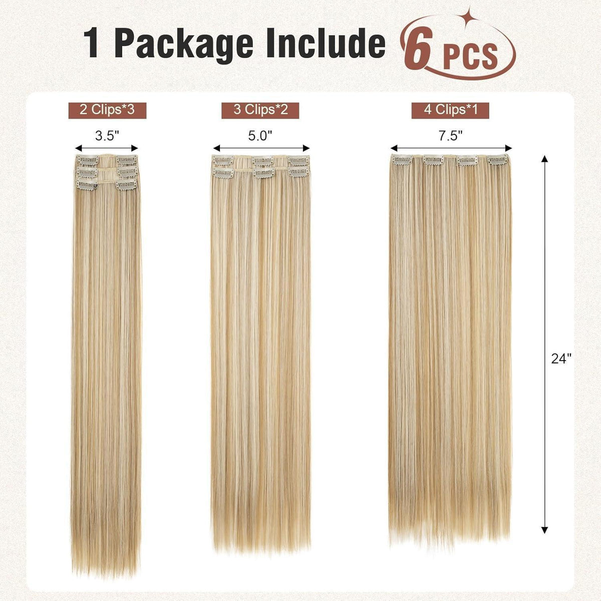 Clip-in Haarverlängerung Dunkelblond mit Highlights, 61 cm