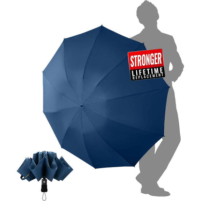 Kompakter Reise Regenschirm Sturmfest – Umgekehrter Faltschirm Blau
