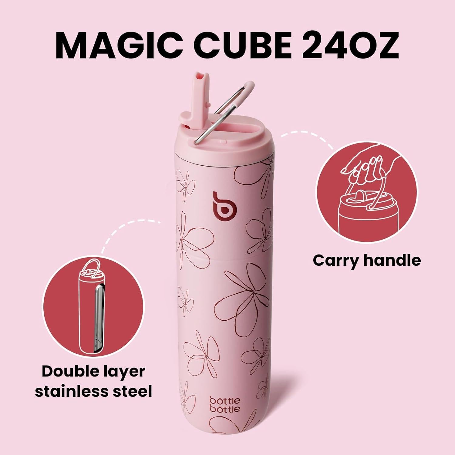 Isolierte Trinkflasche 680 ml mit Strohhalm und Griff, Pink Blumen