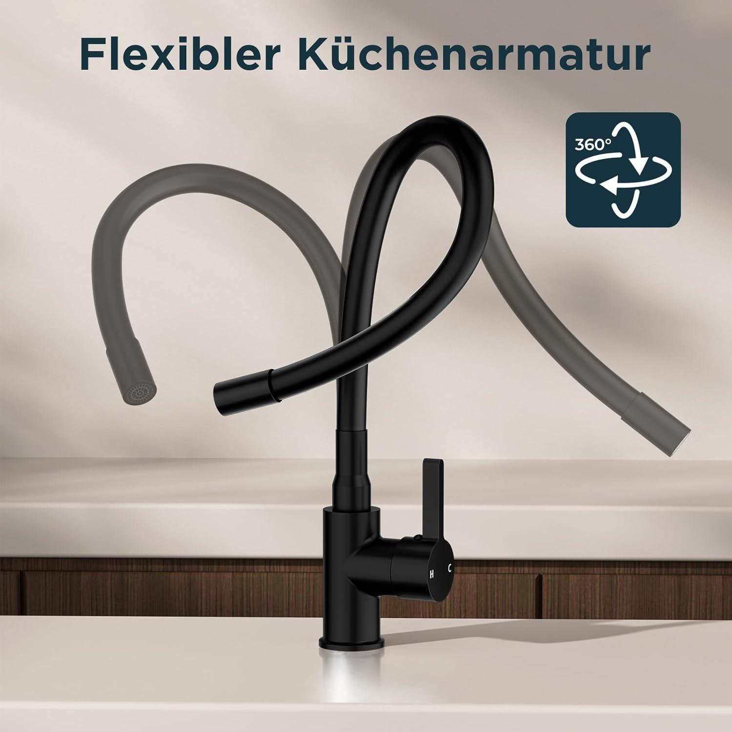 Wasserhahn Küche Schwarz 360° Drehbar SpülenarmaturFlexibel 1-Loch