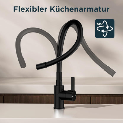 Wasserhahn Küche Schwarz 360° Drehbar SpülenarmaturFlexibel 1-Loch