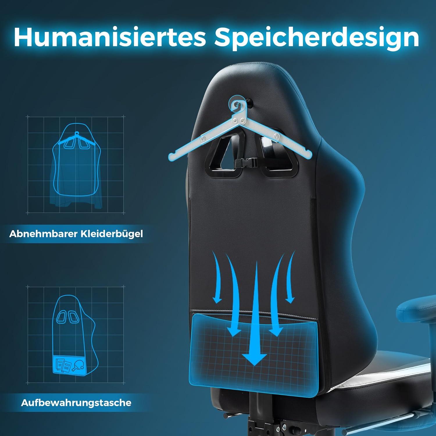 Gaming Stuhl mit Massage, Taschenfederkissen, Ergonomisch, Fußstütze, Schwarz